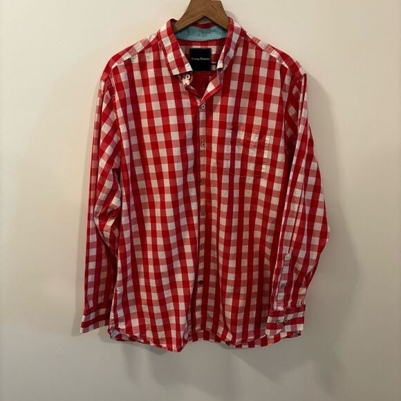 Tommy Bahama Men’s Red and White Checkered Button Down Size Large Pima Cotton - Picture 1 of 13